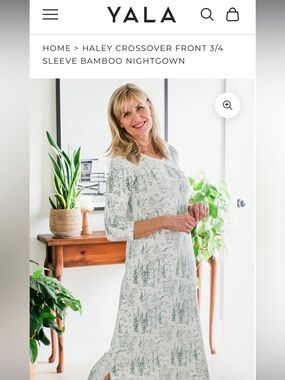 Yala Bamboo Crossover Nightgown in White with Green Print